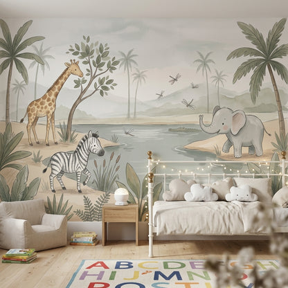 Safari Hayvanlı Poster Duvar Kağıdı Çocuk Odası Pastel