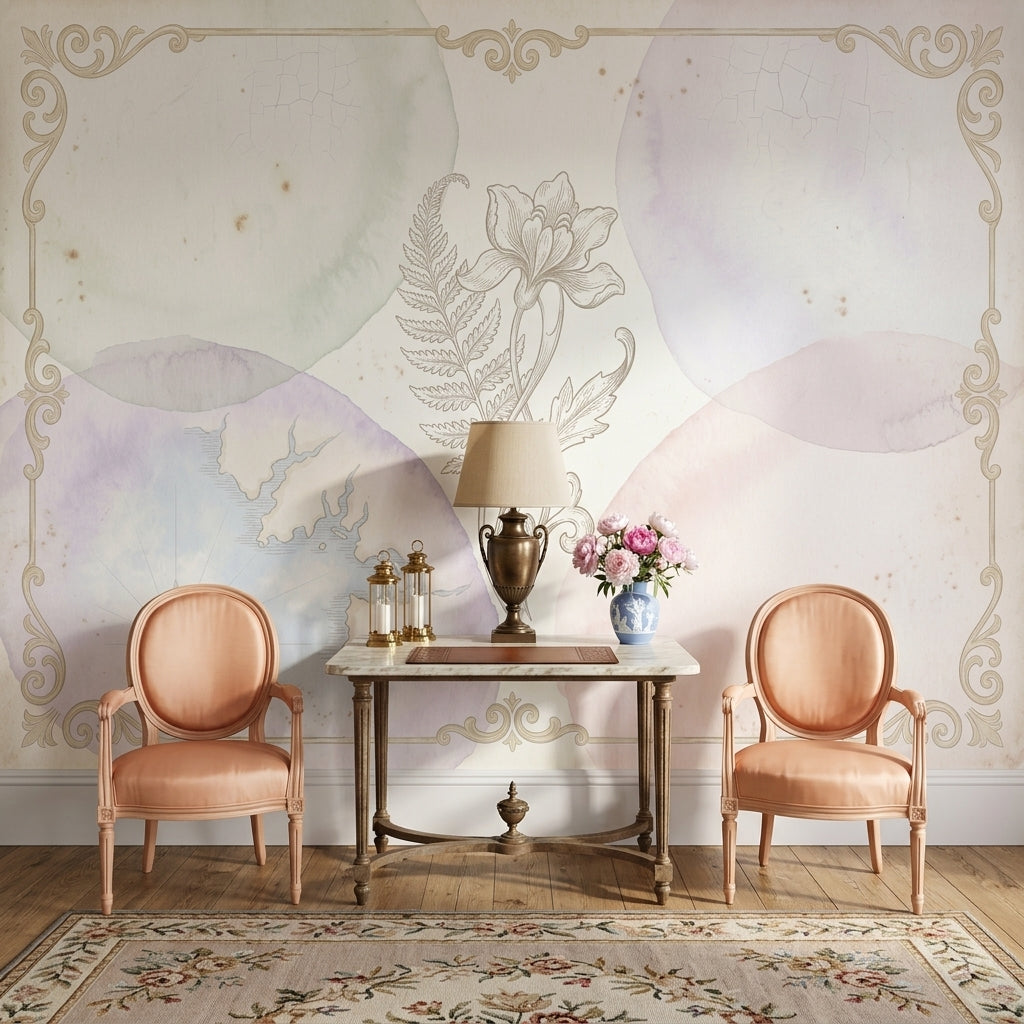 Pastel Vintage Harita ve Çiçek Poster Duvar Kağıdı Salon