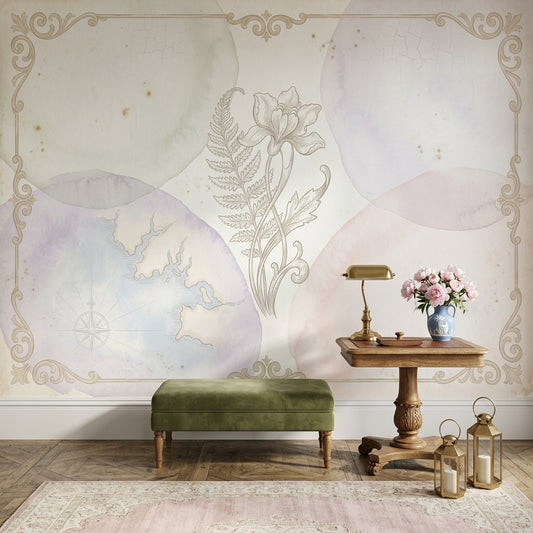 Pastel Vintage Harita ve Çiçek Poster Duvar Kağıdı Salon