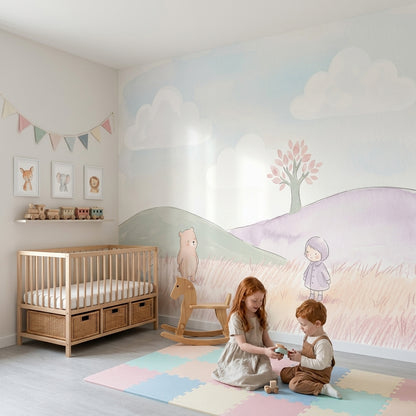 Balonlu Bulutlu Çocuk Odası Poster Duvar Kağıdı Pastel