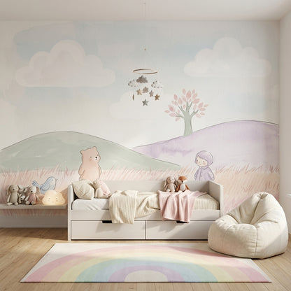 Balonlu Bulutlu Çocuk Odası Poster Duvar Kağıdı Pastel