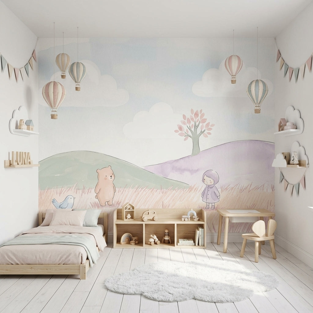 Balonlu Bulutlu Çocuk Odası Poster Duvar Kağıdı Pastel