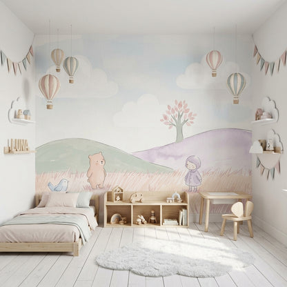 Balonlu Bulutlu Çocuk Odası Poster Duvar Kağıdı Pastel