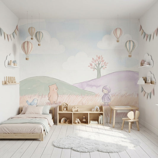 Balonlu Bulutlu Çocuk Odası Poster Duvar Kağıdı Pastel