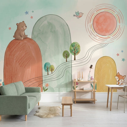 Pastel Orman Hayvanlı Poster Duvar Kağıdı Çocuk Odası Desenli