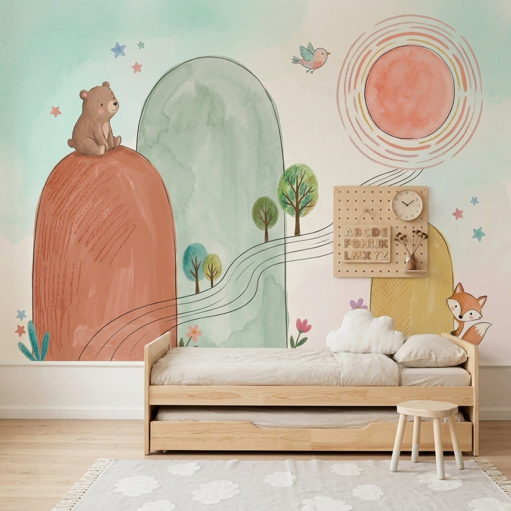 Pastel Orman Hayvanlı Poster Duvar Kağıdı Çocuk Odası Desenli