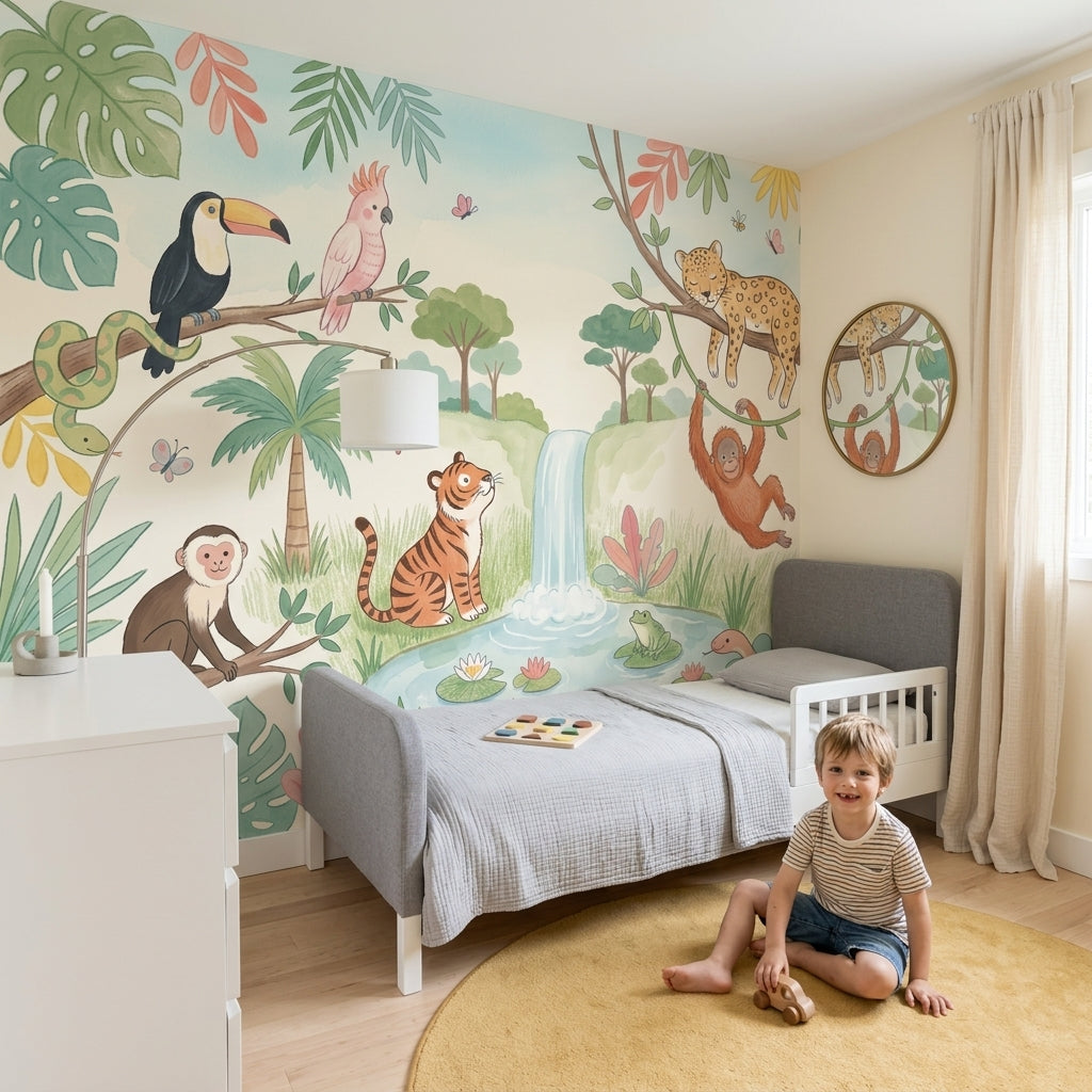 Jungle Hayvanlı Poster Duvar Kağıdı Çocuk Odası Pastel