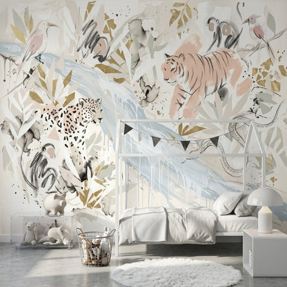 Suluboya Safari Hayvanlı Poster Duvar Kağıdı Bej Çocuk Odası