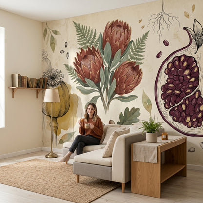 Büyük Çiçekli Poster Duvar Kağıdı Bej Botanik Salon