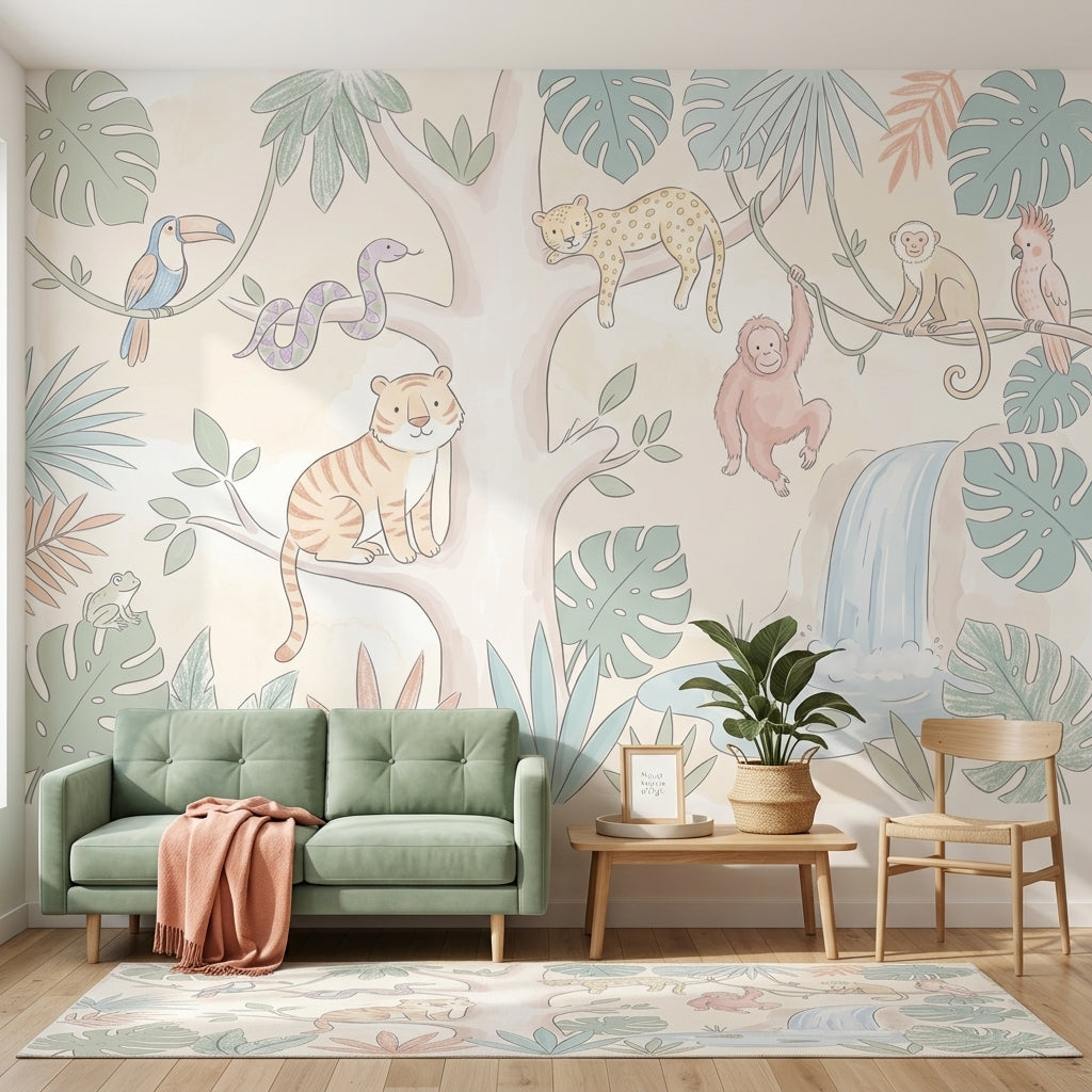 Pastel Safari Hayvanlı Poster Duvar Kağıdı Çocuk Odası Ormanı