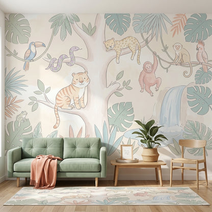 Pastel Safari Hayvanlı Poster Duvar Kağıdı Çocuk Odası Ormanı
