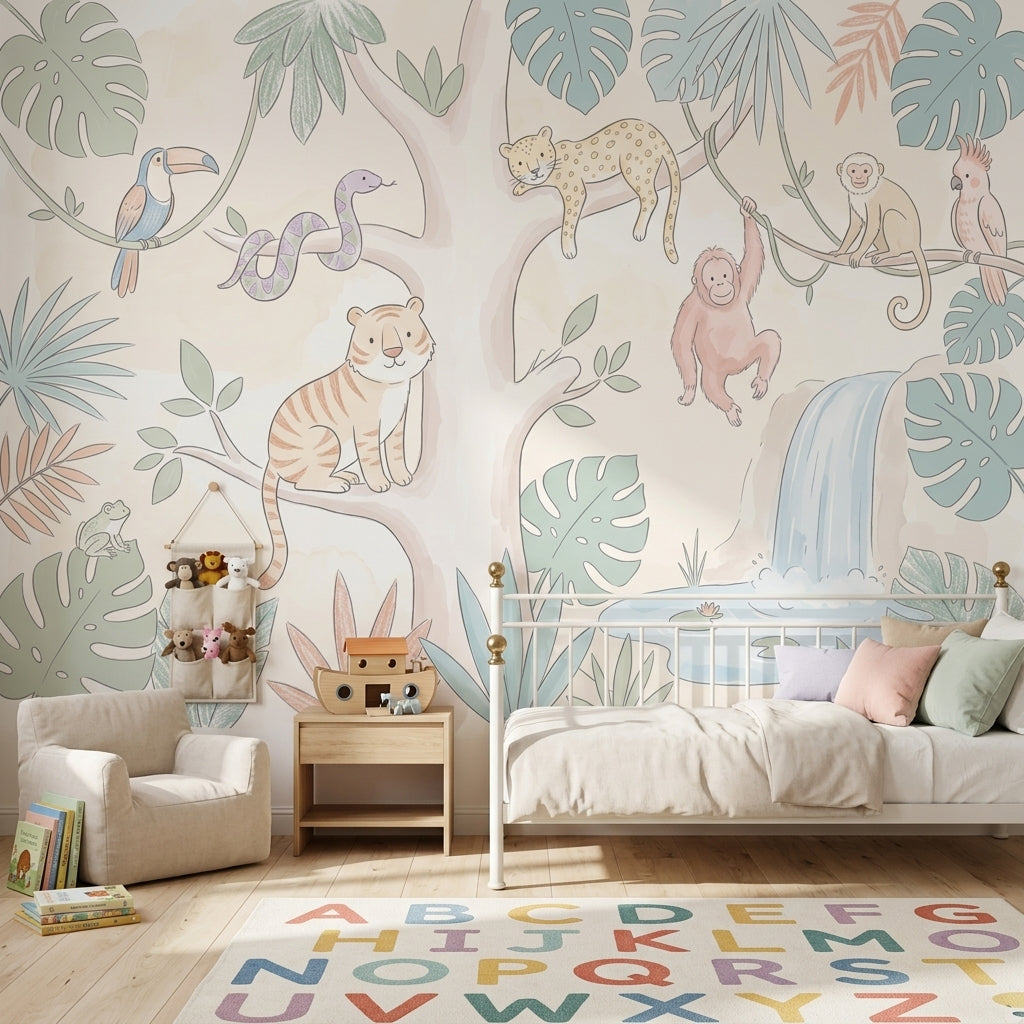 Pastel Safari Hayvanlı Poster Duvar Kağıdı Çocuk Odası Ormanı
