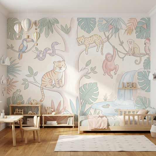 Pastel Safari Hayvanlı Poster Duvar Kağıdı Çocuk Odası Ormanı
