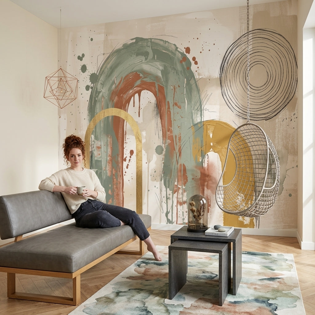 Soyut Kemer Desenli Poster Duvar Kağıdı Yeşil Bej Salon