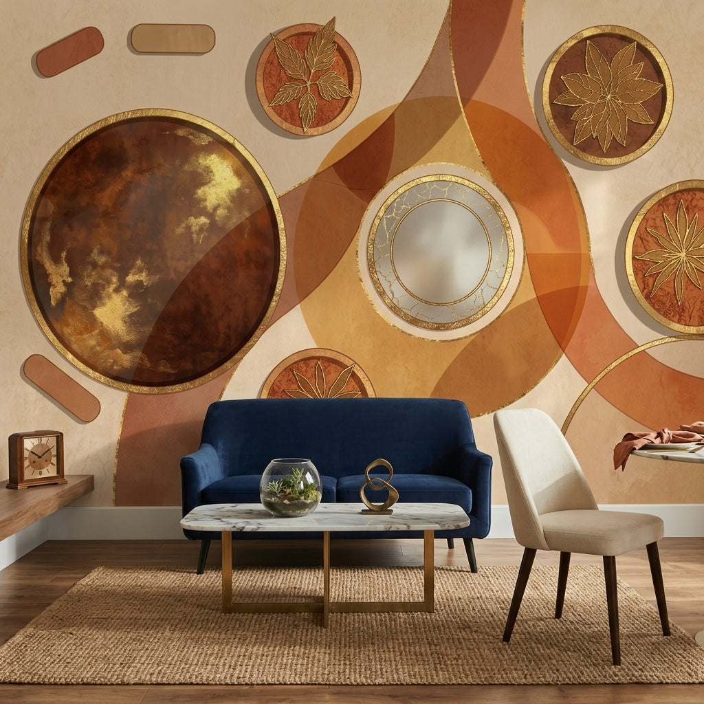 Soyut Geometrik Poster Duvar Kağıdı Kahverengi Bej Salon