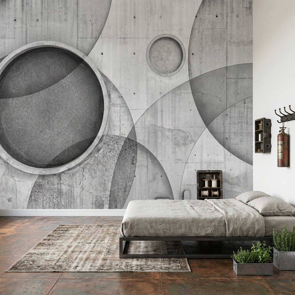 Endüstriyel Beton Görünümlü Geometrik Poster Duvar Kağıdı Gri Yatak Odası