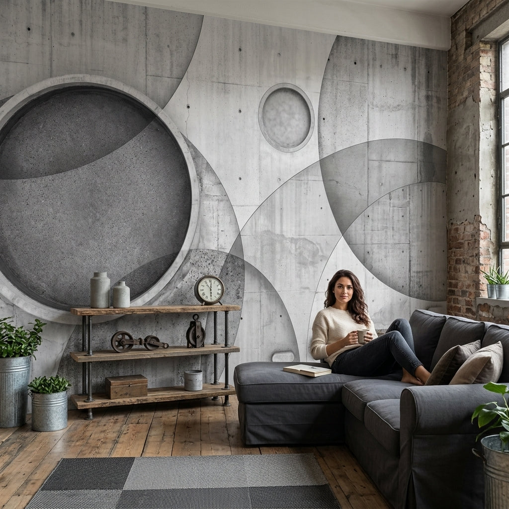 Endüstriyel Beton Görünümlü Geometrik Poster Duvar Kağıdı Gri Yatak Odası
