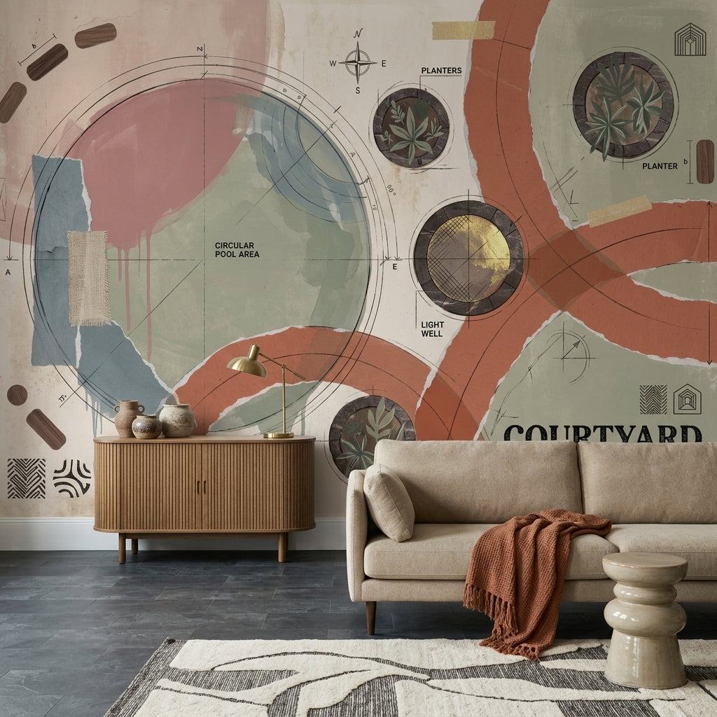 Soyut Plan Çizimli Poster Duvar Kağıdı Terracotta Yeşil Salon