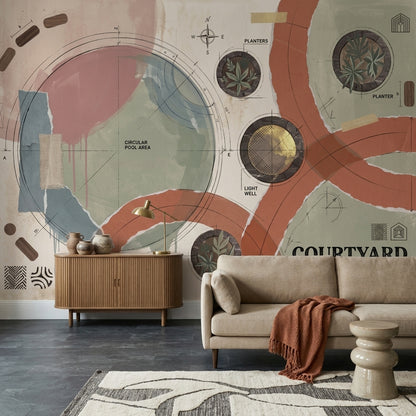 Soyut Plan Çizimli Poster Duvar Kağıdı Terracotta Yeşil Salon