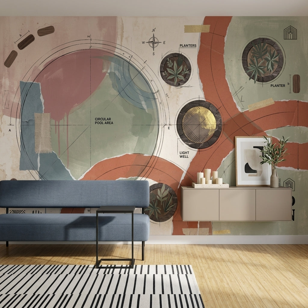 Soyut Plan Çizimli Poster Duvar Kağıdı Terracotta Yeşil Salon