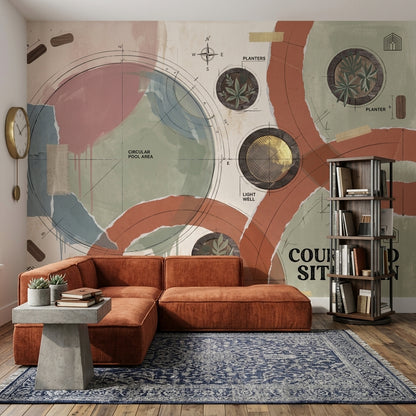 Soyut Plan Çizimli Poster Duvar Kağıdı Terracotta Yeşil Salon