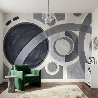 Soyut Daire Desenli Poster Duvar Kağıdı Gri Beyaz Salon