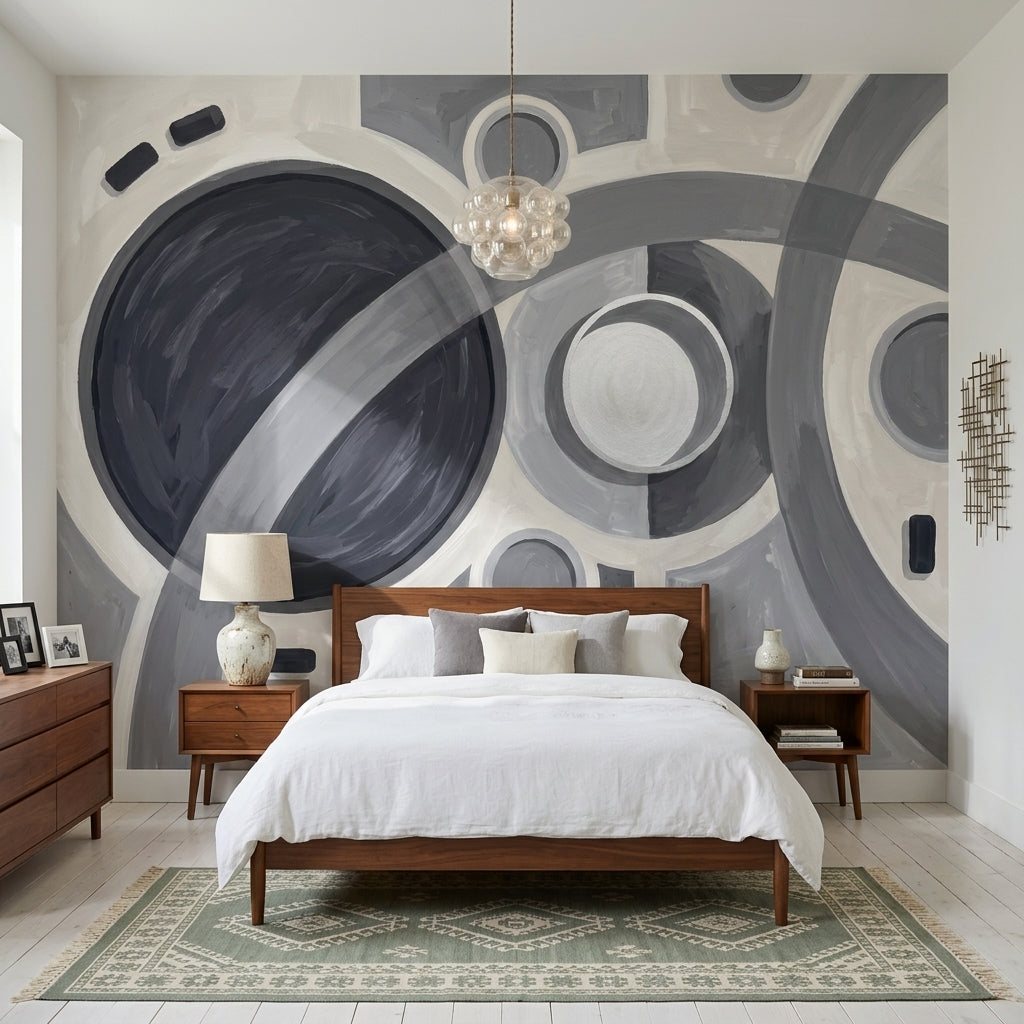 Soyut Daire Desenli Poster Duvar Kağıdı Gri Beyaz Salon