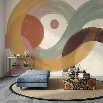 Soyut Halka Desenli Poster Duvar Kağıdı Pastel Yeşil Sarı Salon