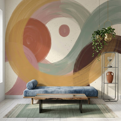 Soyut Halka Desenli Poster Duvar Kağıdı Pastel Yeşil Sarı Salon