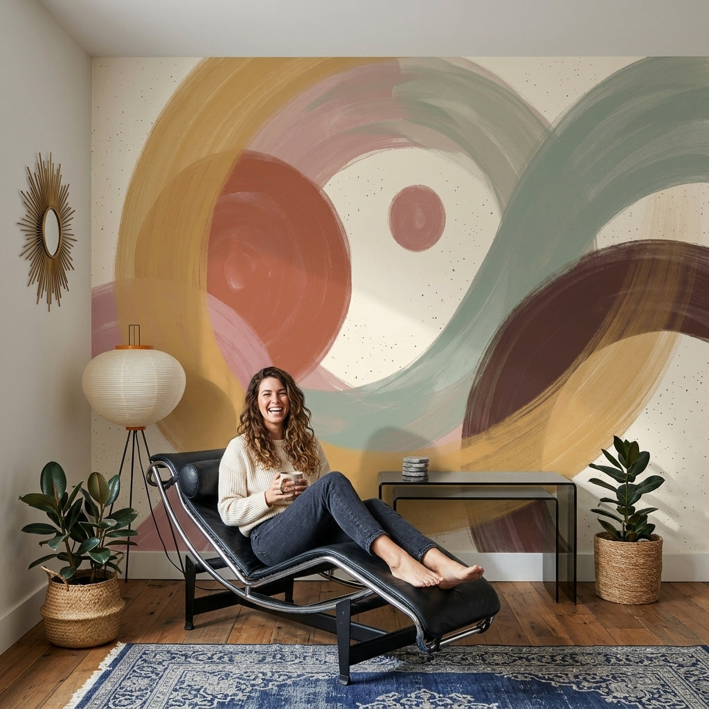 Soyut Halka Desenli Poster Duvar Kağıdı Pastel Yeşil Sarı Salon
