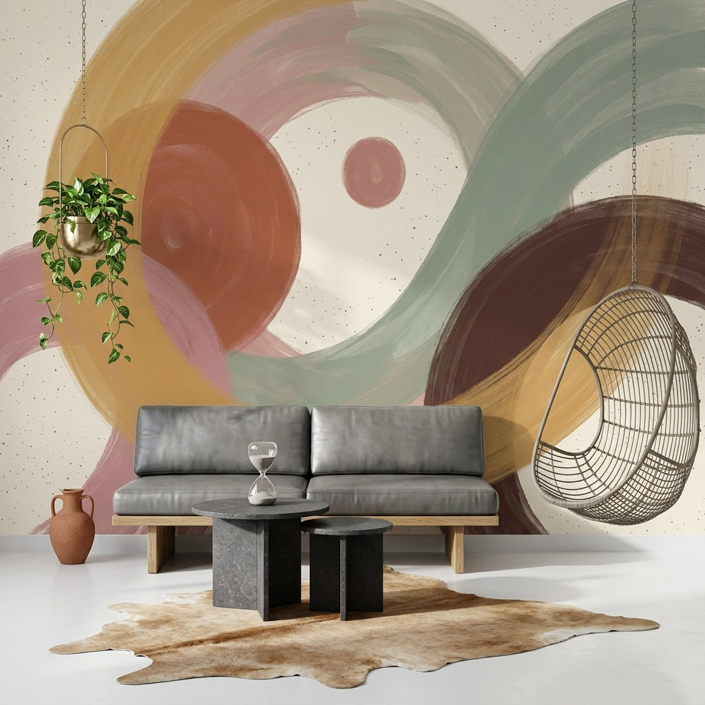 Soyut Halka Desenli Poster Duvar Kağıdı Pastel Yeşil Sarı Salon