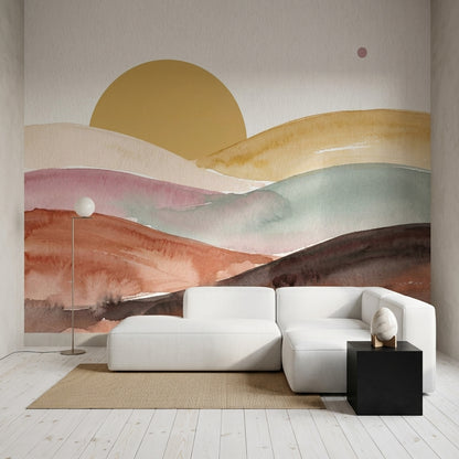 Suluboya Gün Batımı Manzaralı Poster Duvar Kağıdı Pastel Salon