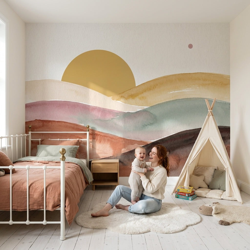 Suluboya Gün Batımı Manzaralı Poster Duvar Kağıdı Pastel Salon