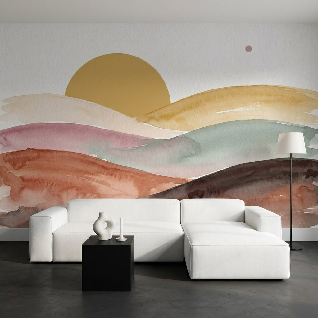 Suluboya Gün Batımı Manzaralı Poster Duvar Kağıdı Pastel Salon