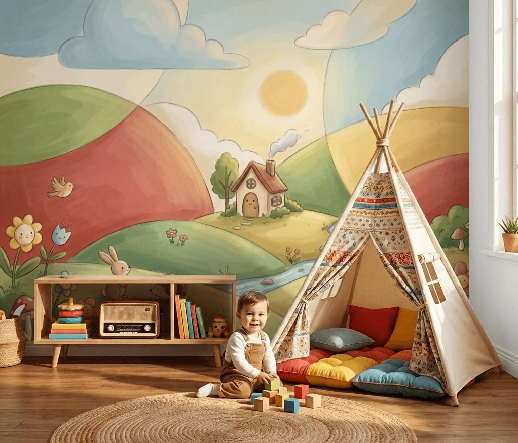 Masalsı Tepe Manzaralı Poster Duvar Kağıdı Çocuk Odası Pastel