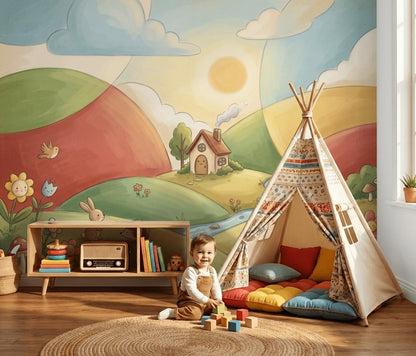 Masalsı Tepe Manzaralı Poster Duvar Kağıdı Çocuk Odası Pastel