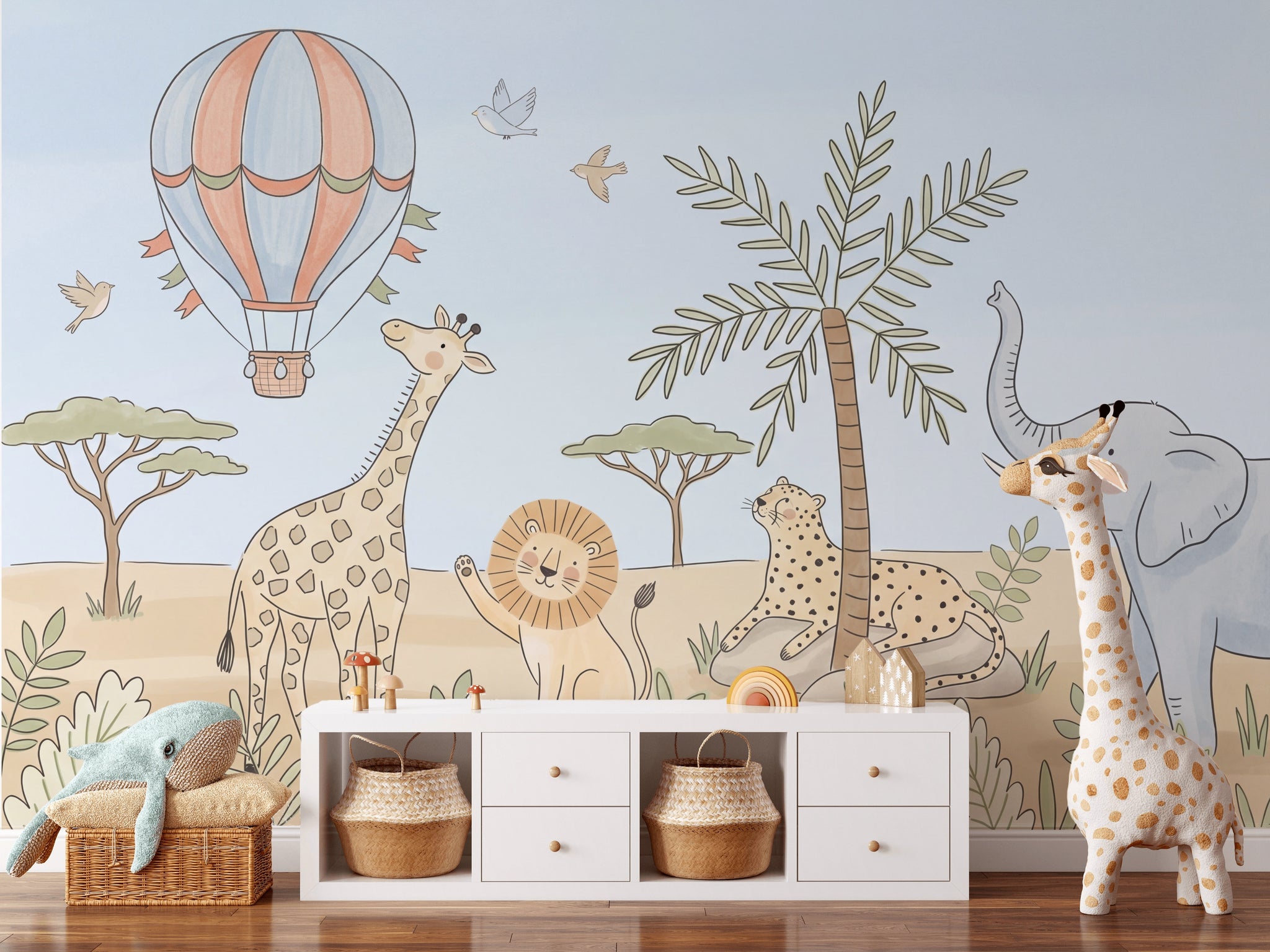 Safari Hayvanlı Poster Duvar Kağıdı Balonlu Bebek Odası