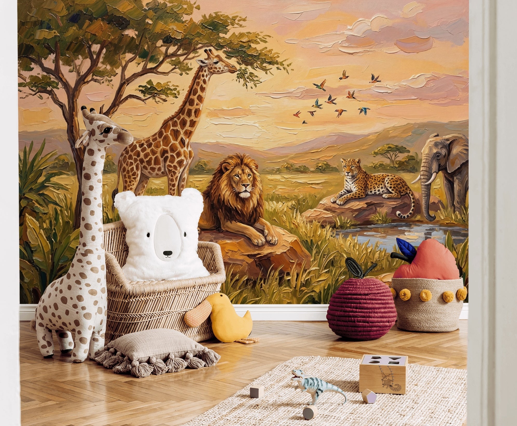 Safari Hayvanlı Poster Duvar Kağıdı Çocuk Odası Gün Batımı
