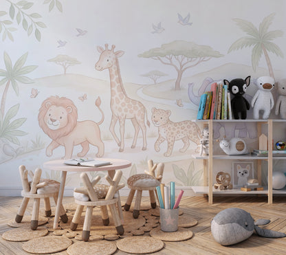 Safari Hayvanlı Poster Duvar Kağıdı Pastel Çocuk Odası Duvarı