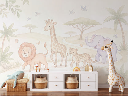 Safari Hayvanlı Poster Duvar Kağıdı Pastel Çocuk Odası Duvarı