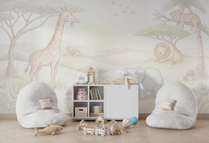 Safari Hayvanlı Poster Duvar Kağıdı Pastel Çocuk Odası Duvar Muralı