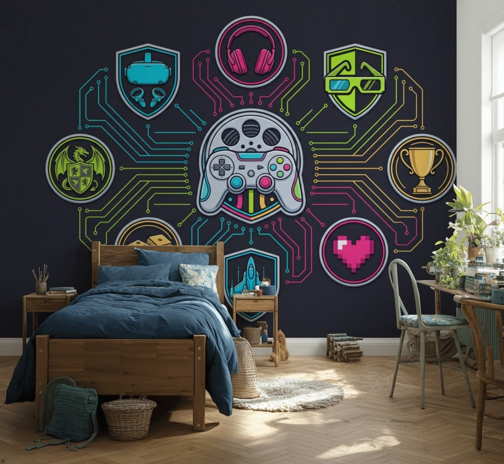 Neon Oyun Temalı Poster Duvar Kağıdı Siyah Genç Odası