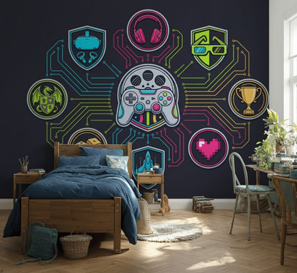 Neon Oyun Temalı Poster Duvar Kağıdı Siyah Genç Odası
