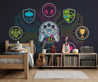 Neon Oyun Temalı Poster Duvar Kağıdı Siyah Genç Odası