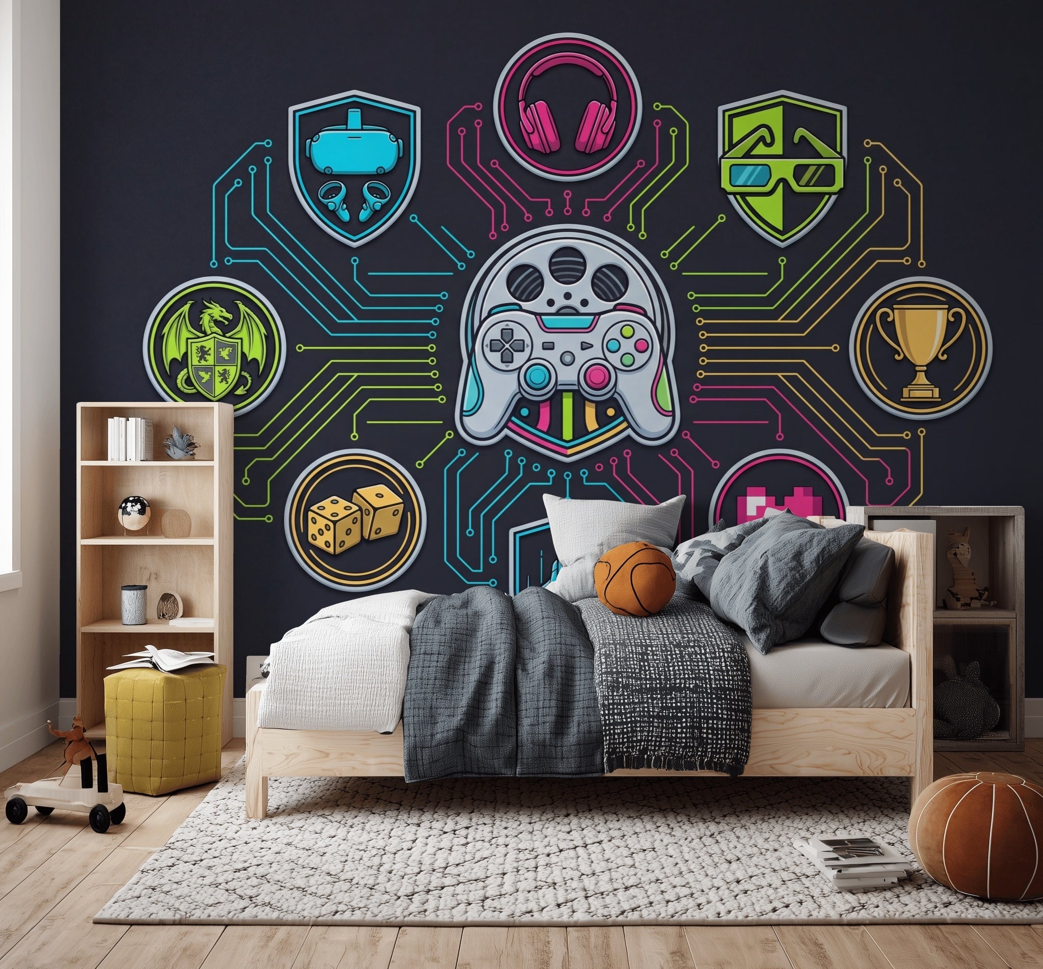 Neon Oyun Temalı Poster Duvar Kağıdı Siyah Genç Odası