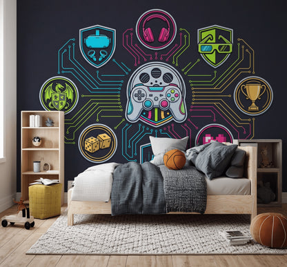 Neon Oyun Temalı Poster Duvar Kağıdı Siyah Genç Odası