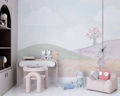 Balonlu Bulutlu Çocuk Odası Poster Duvar Kağıdı Pastel