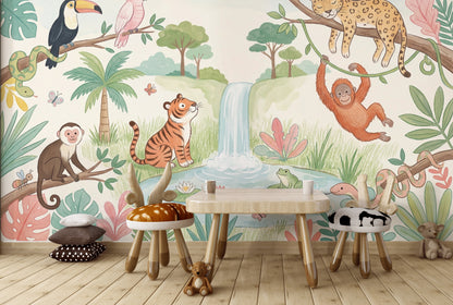 Jungle Hayvanlı Poster Duvar Kağıdı Çocuk Odası Pastel