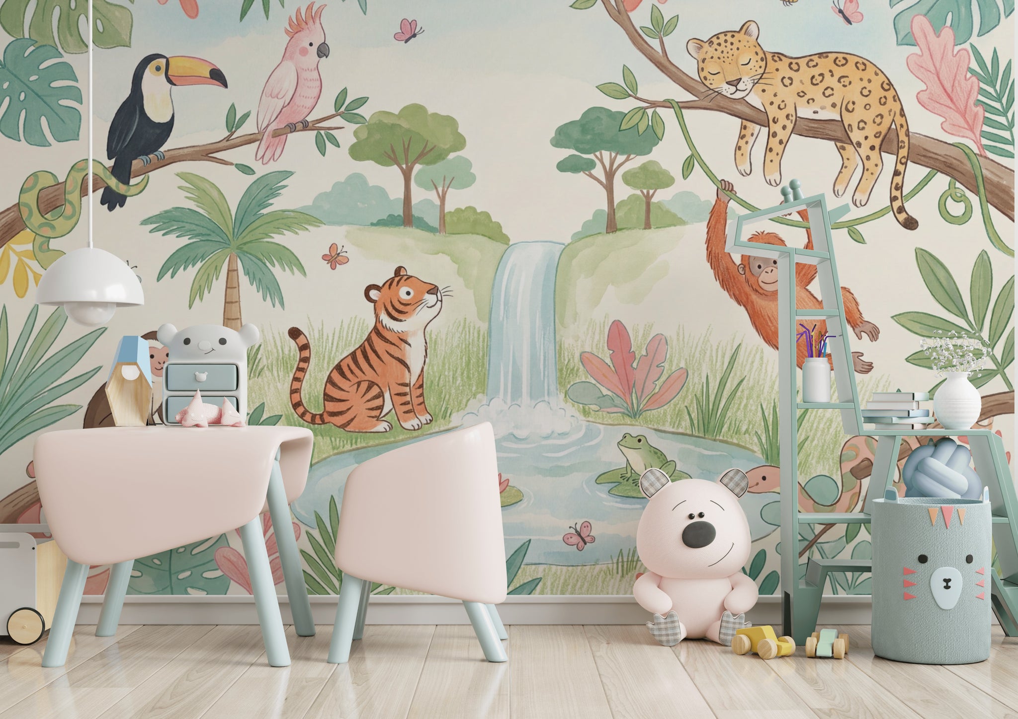 Jungle Hayvanlı Poster Duvar Kağıdı Çocuk Odası Pastel