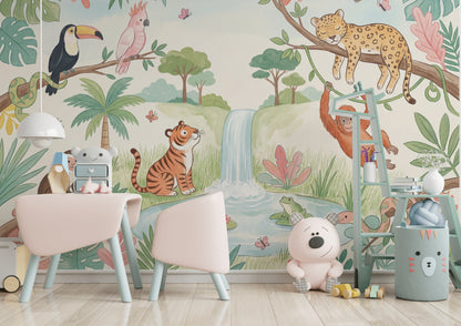 Jungle Hayvanlı Poster Duvar Kağıdı Çocuk Odası Pastel
